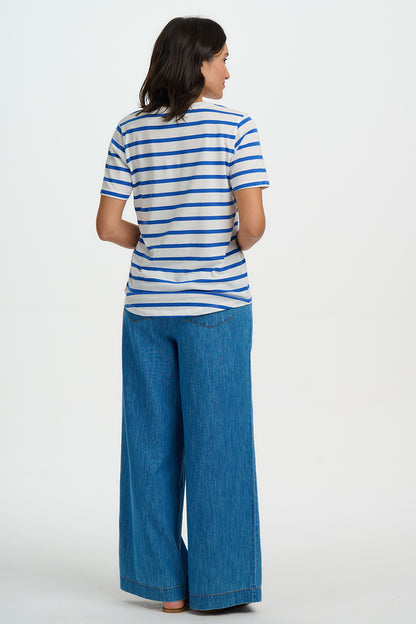 Sylvie Scoop Neck T-Shirt - Off White/Blue , Stripes & Lemon