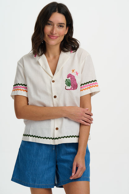 Michelle Shirt - Off White, Pink Leopard