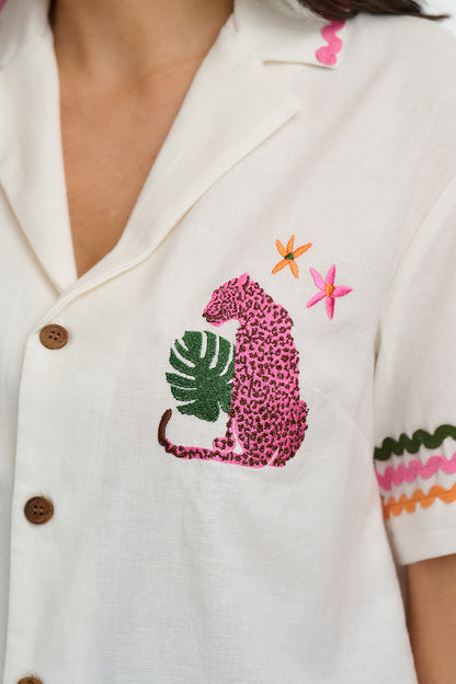 Michelle Shirt - Off White, Pink Leopard