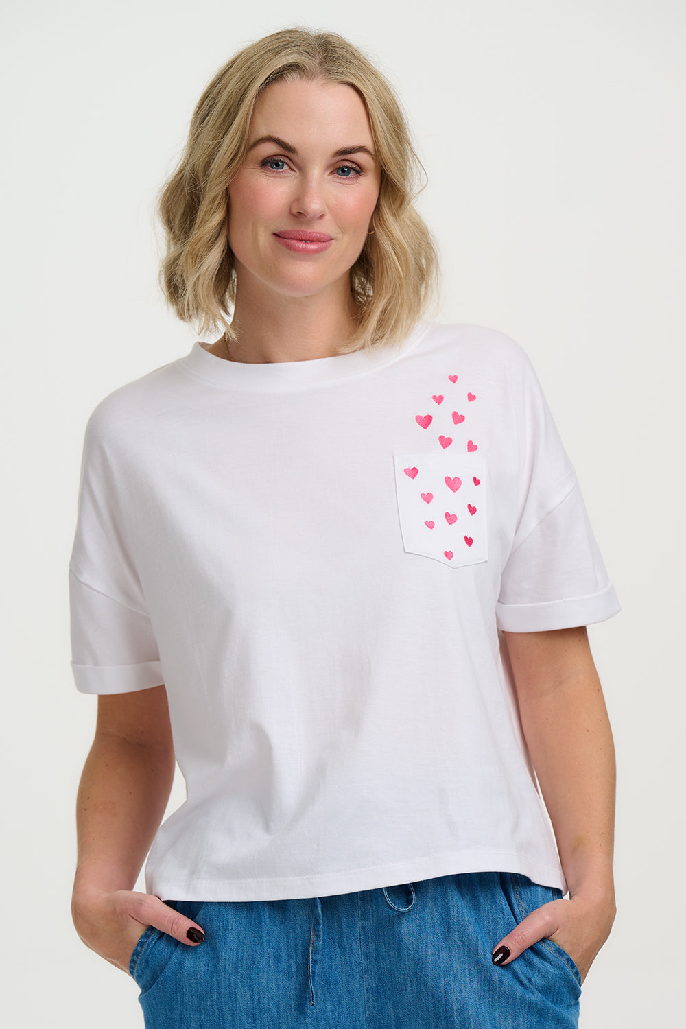 Celia Heavy-Weight T-Shirt - White, Pocket Hearts