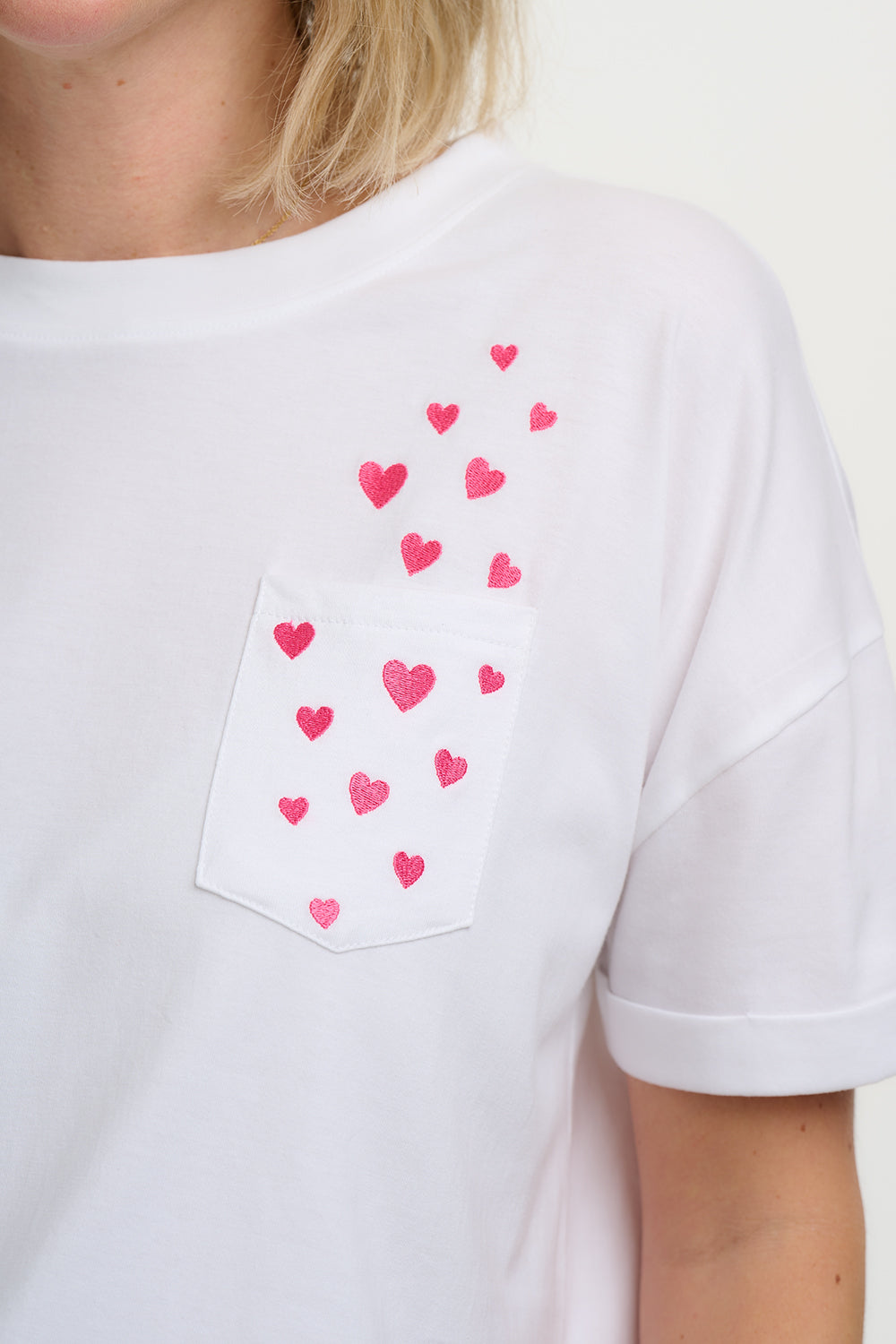 Celia Heavy-Weight T-Shirt - White, Pocket Hearts