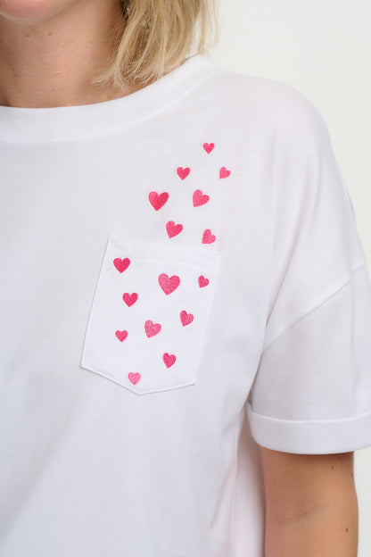 Celia Heavy-Weight T-Shirt - White, Pocket Hearts