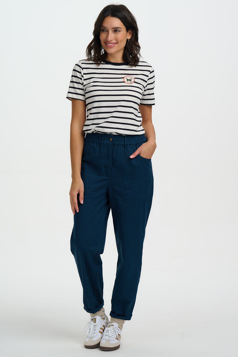 Rowan Trousers - Black/Teal, Thin Stripe