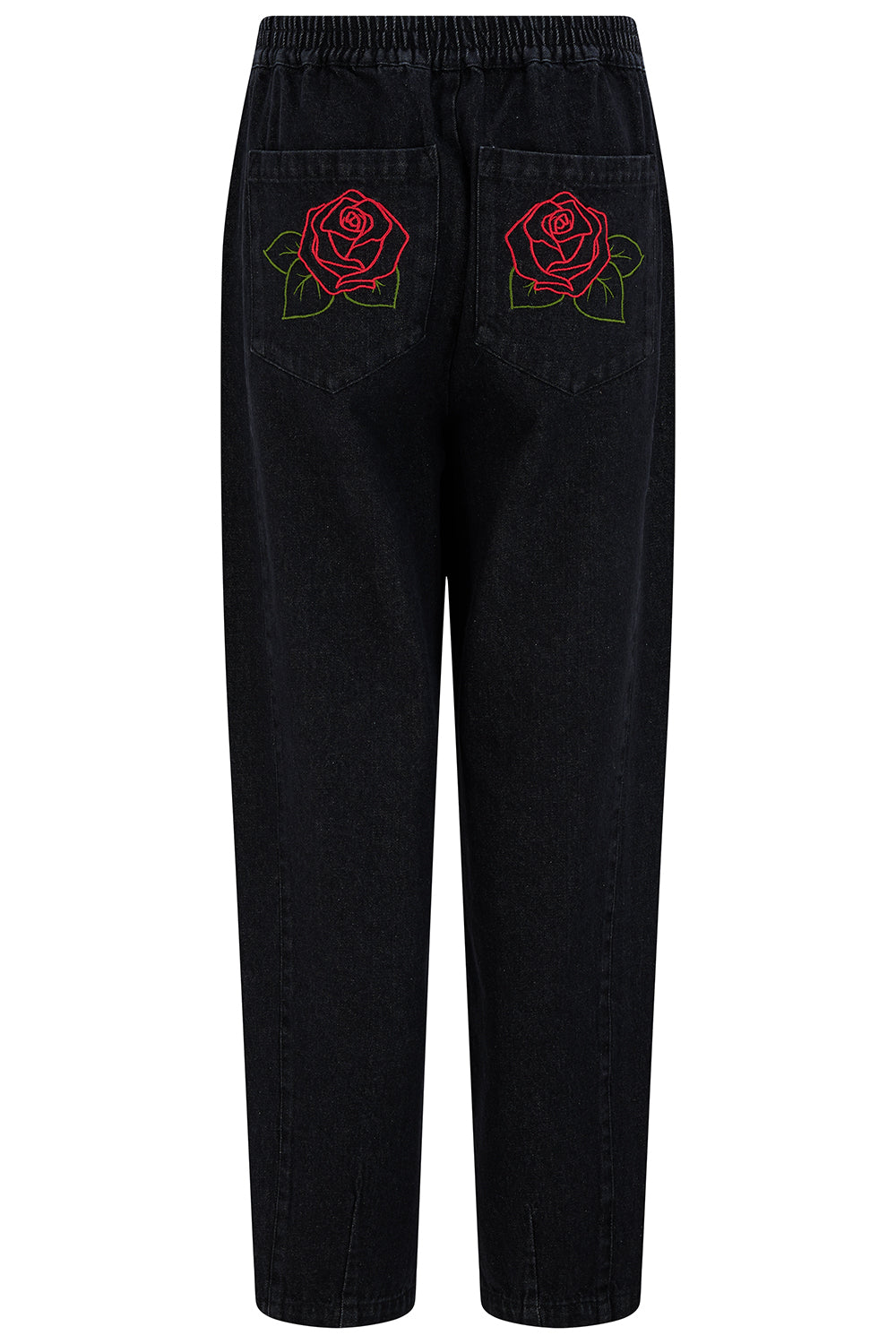 Sugarhill Brighton Mila Μαύρο Denim Barrel Παντελόνι με Κέντημα Τριαντάφυλλο