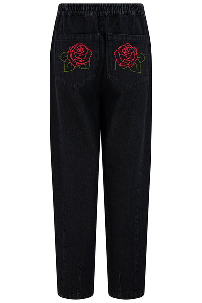Sugarhill Brighton Mila Μαύρο Denim Barrel Παντελόνι με Κέντημα Τριαντάφυλλο