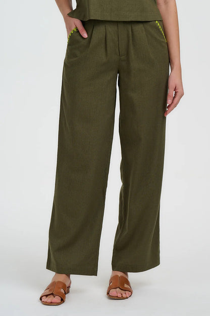 Lois Wide Leg Trousers - Olive, Decorative Stitch