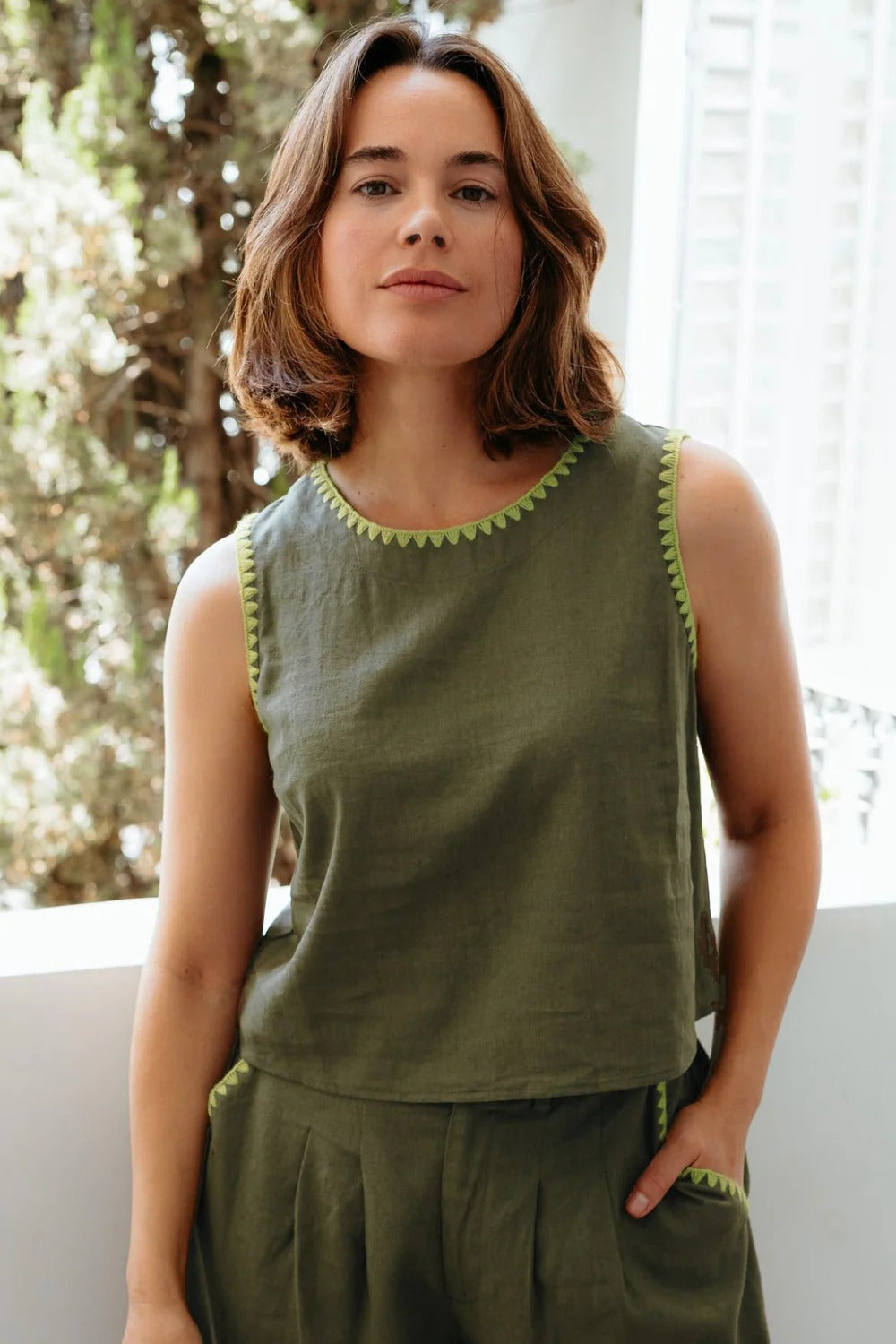 Senna Top - Olive, Decorative Stitch