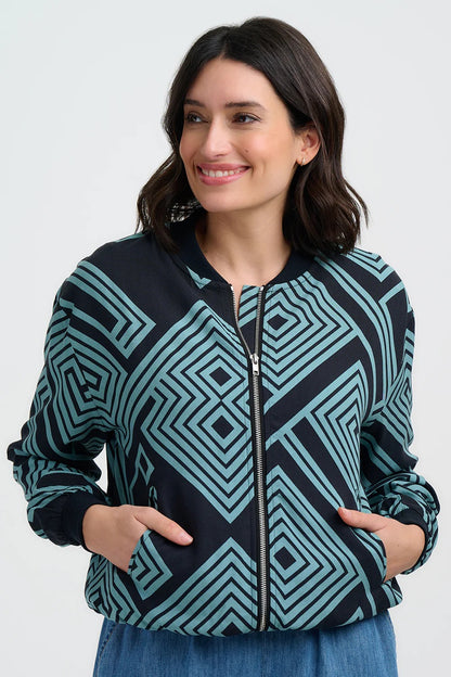 Bobbi Bomber Jacket - Black/Green, Geometric Lines