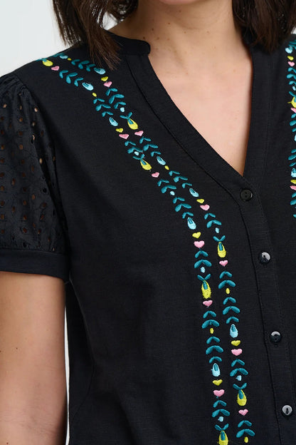 Elsie Jersey Top - Black, Folklore Embroidery