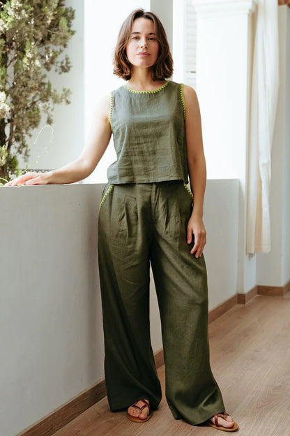 Lois Wide Leg Trousers - Olive, Decorative Stitch