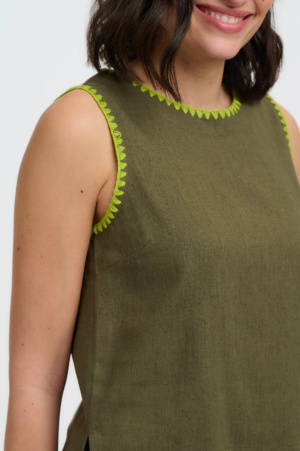 Senna Top - Olive, Decorative Stitch