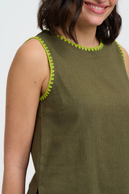 Senna Top - Olive, Decorative Stitch