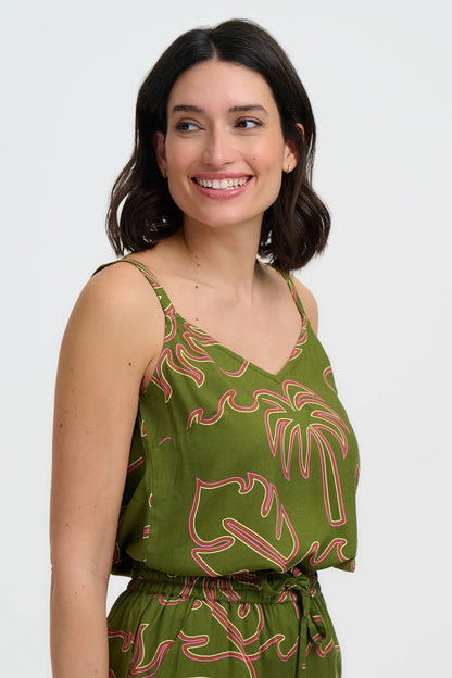 Shanti Vest Top - Khaki, Tropical Line Drawing