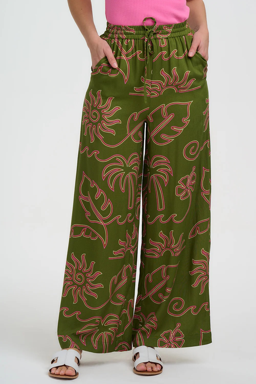 Trinny Wide Leg Trousers - Khaki, Tropical Line Drawing