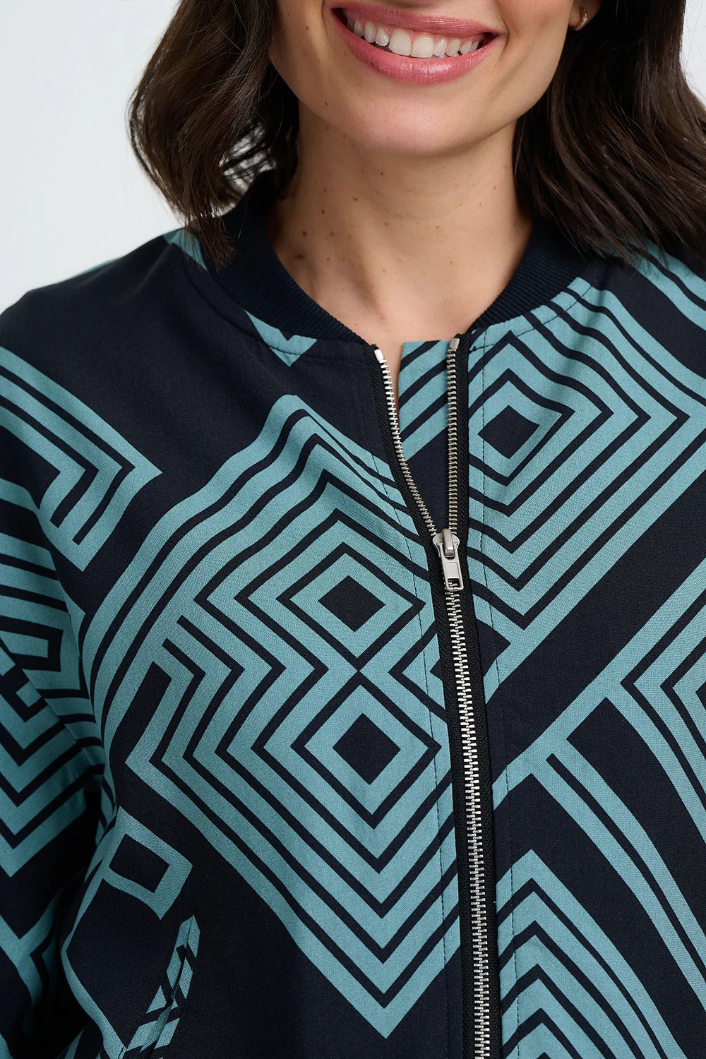Bobbi Bomber Jacket - Black/Green, Geometric Lines