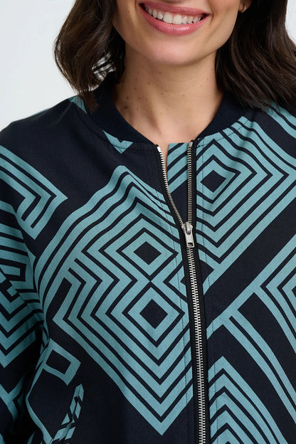 Bobbi Bomber Jacket - Black/Green, Geometric Lines