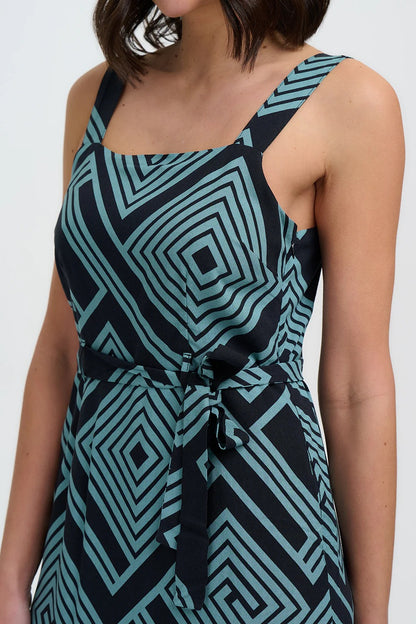 Elva Midi Sundress - Black/Green, Geometric Lines