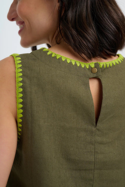 Senna Top - Olive, Decorative Stitch