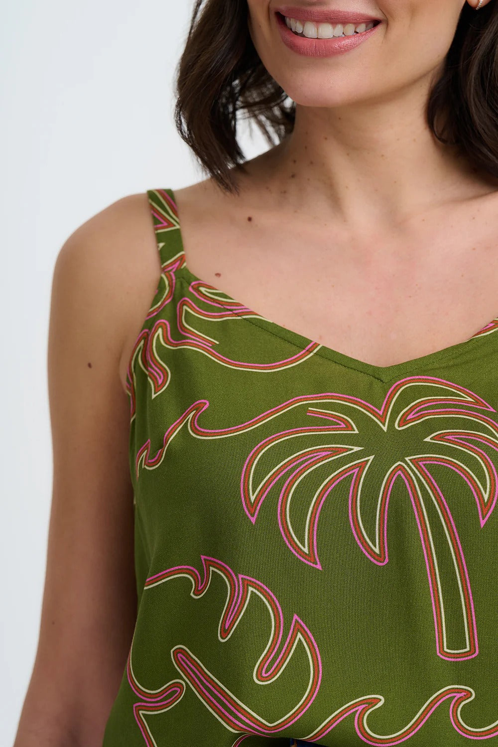 Shanti Vest Top - Khaki, Tropical Line Drawing