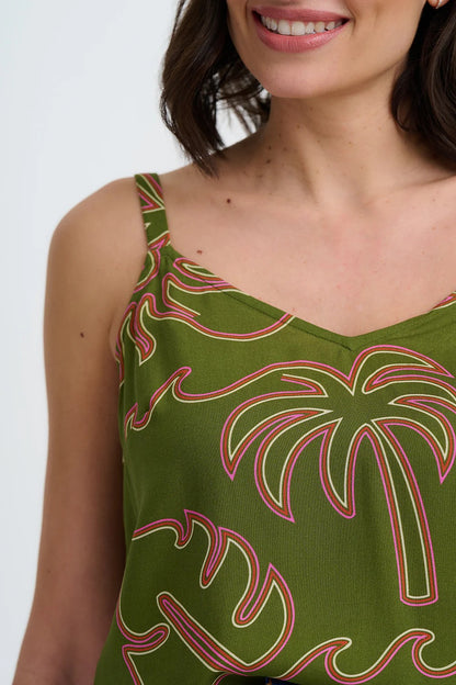 Shanti Vest Top - Khaki, Tropical Line Drawing