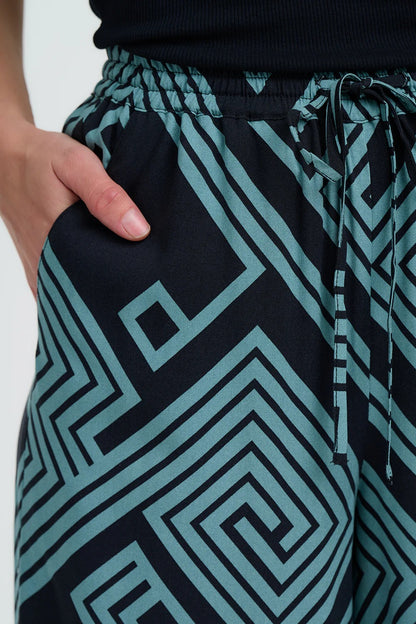 Ameera Cropped Wide Leg Trousers - Black/Green, Geometric Lines