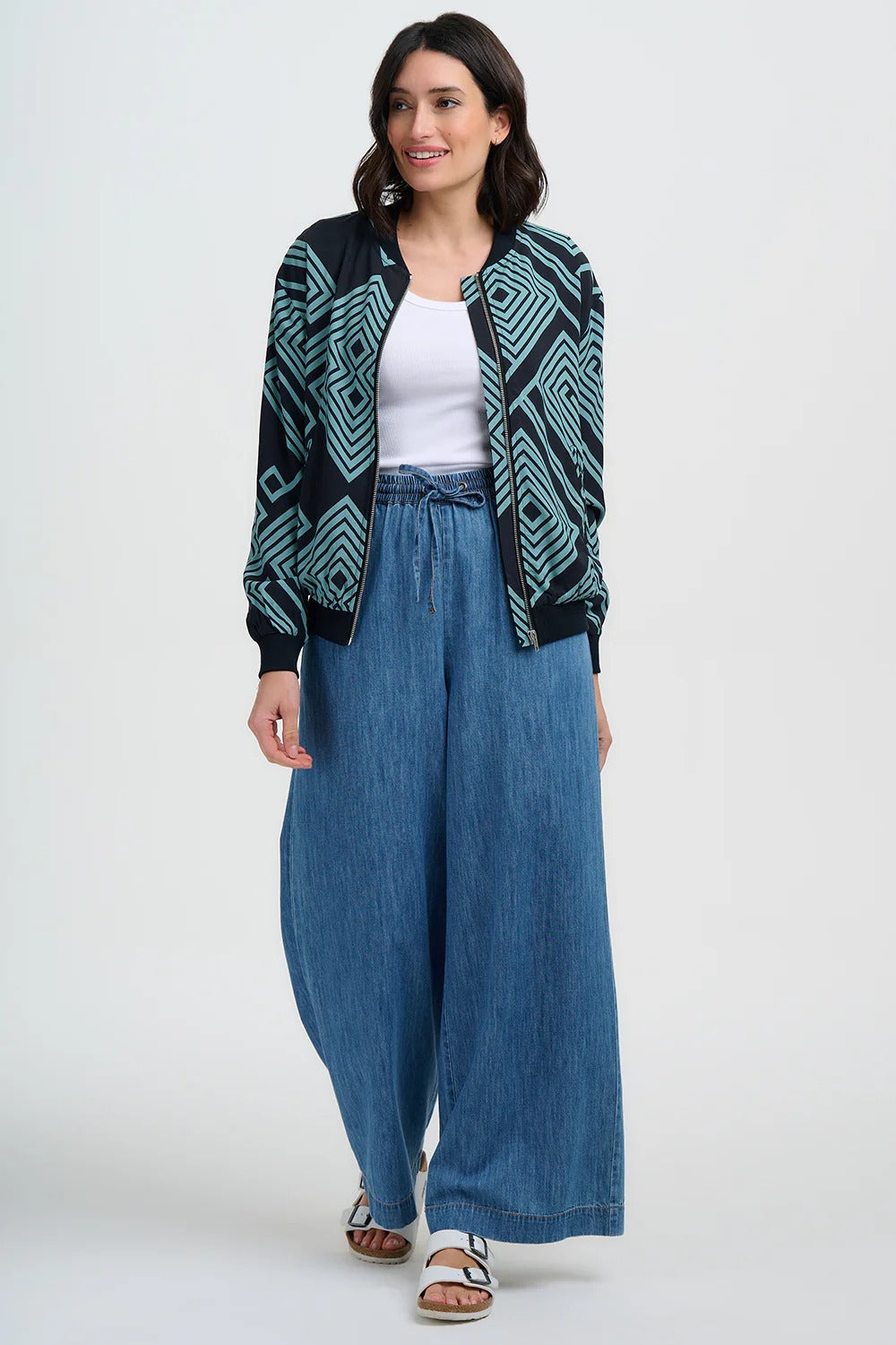 Bobbi Bomber Jacket - Black/Green, Geometric Lines