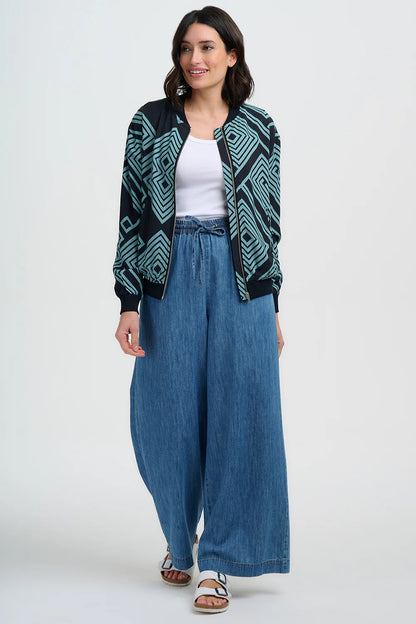 Bobbi Bomber Jacket - Black/Green, Geometric Lines