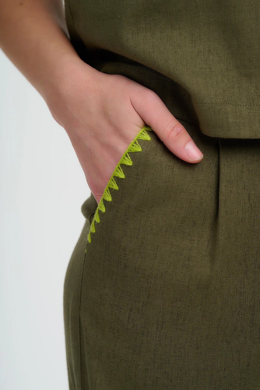 Lois Wide Leg Trousers - Olive, Decorative Stitch
