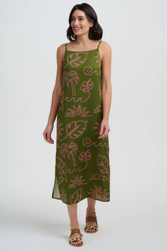 Raganni Midi Sundress - Khaki, Tropical Line Drawing