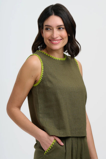 Senna Top - Olive, Decorative Stitch