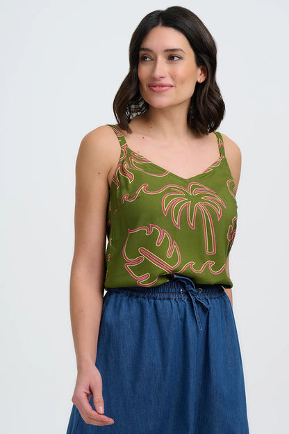 Shanti Vest Top - Khaki, Tropical Line Drawing