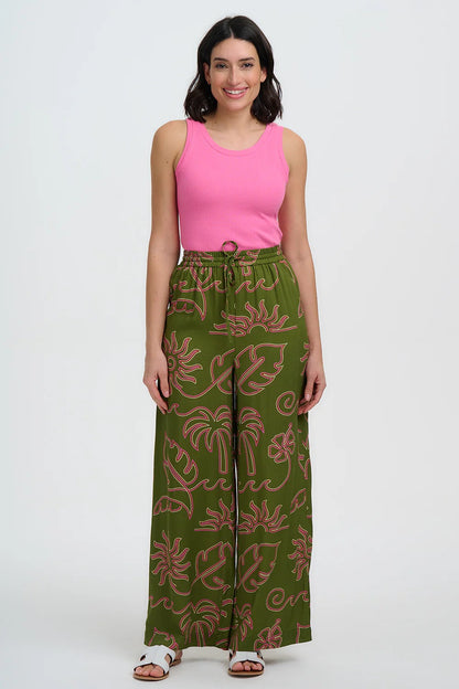 Trinny Wide Leg Trousers - Khaki, Tropical Line Drawing