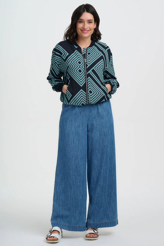 Bobbi Bomber Jacket - Black/Green, Geometric Lines