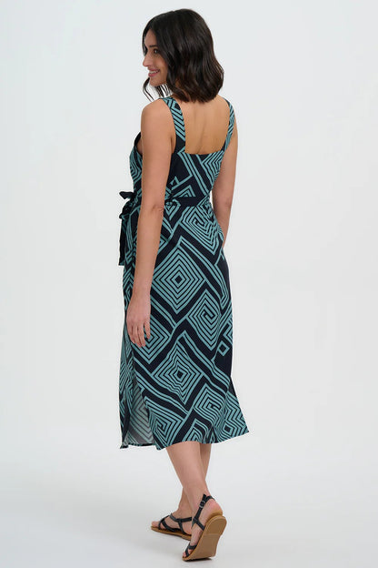 Elva Midi Sundress - Black/Green, Geometric Lines