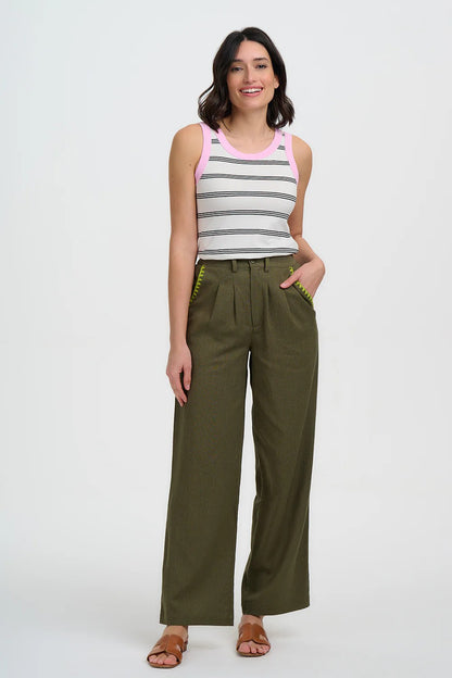 Lois Wide Leg Trousers - Olive, Decorative Stitch