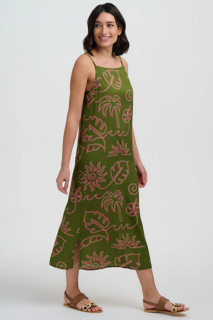 Raganni Midi Sundress - Khaki, Tropical Line Drawing