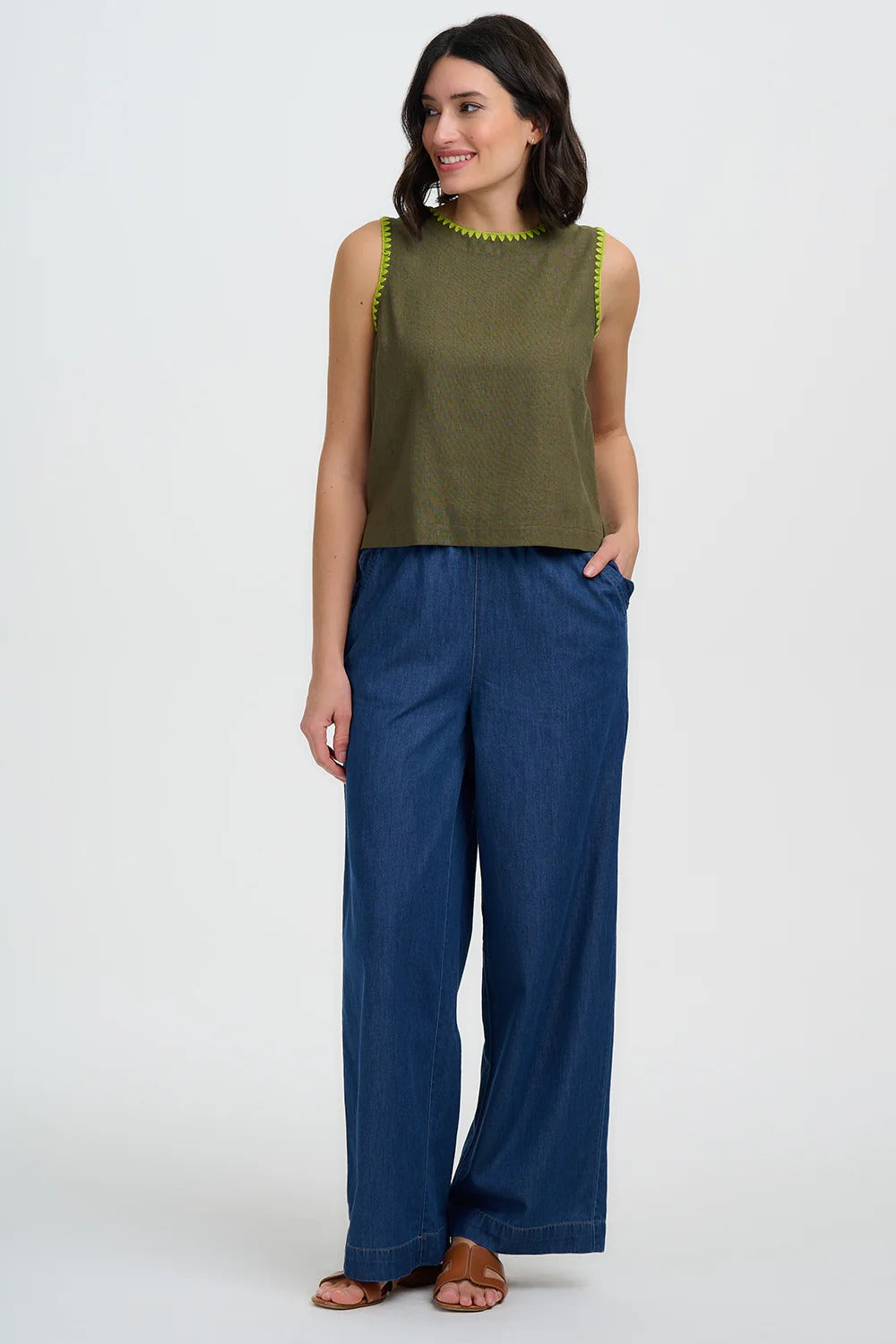 Senna Top - Olive, Decorative Stitch