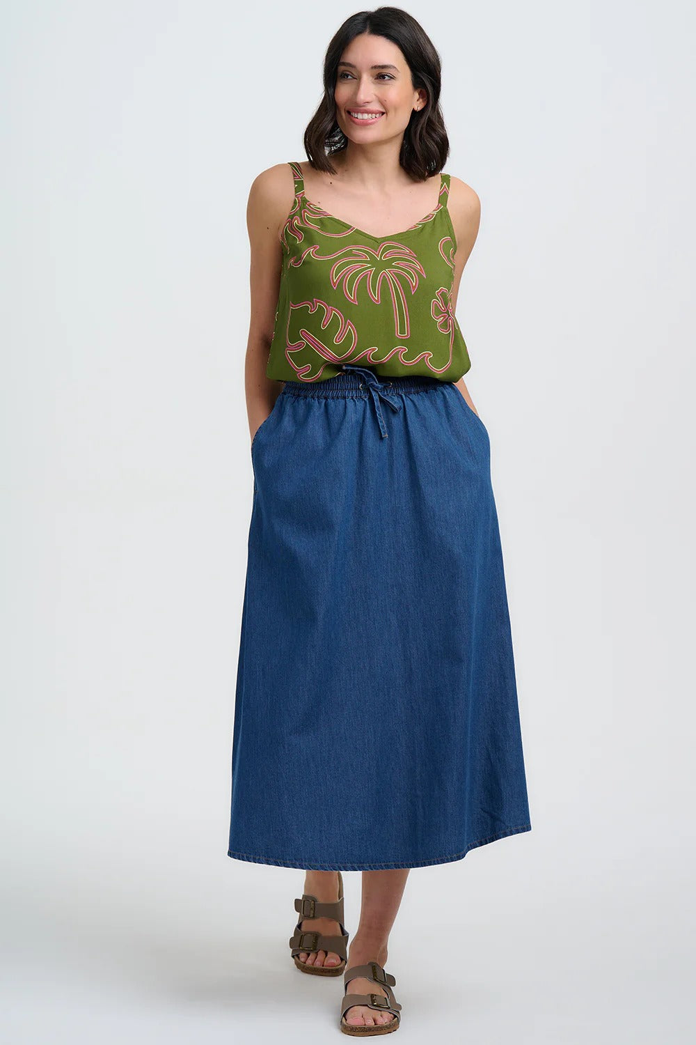 Shanti Vest Top - Khaki, Tropical Line Drawing