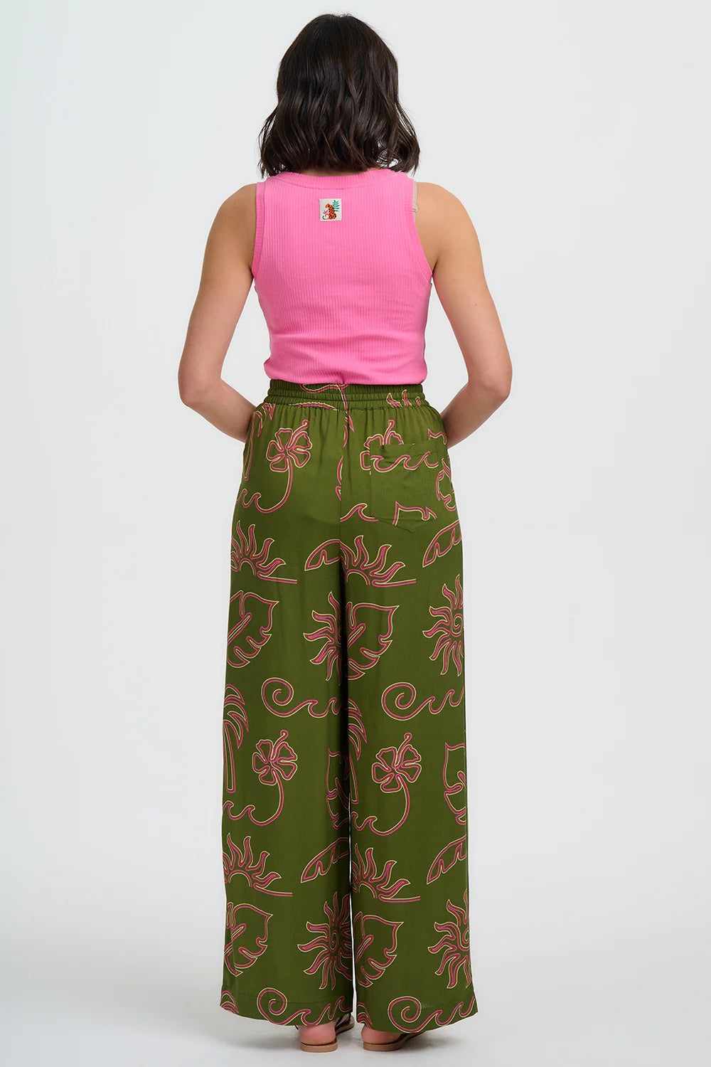 Trinny Wide Leg Trousers - Khaki, Tropical Line Drawing