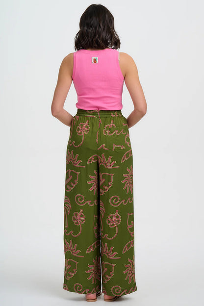 Trinny Wide Leg Trousers - Khaki, Tropical Line Drawing