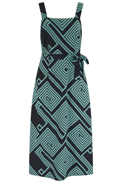 Elva Midi Sundress - Black/Green, Geometric Lines