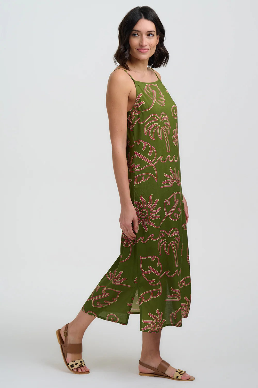 Raganni Midi Sundress - Khaki, Tropical Line Drawing