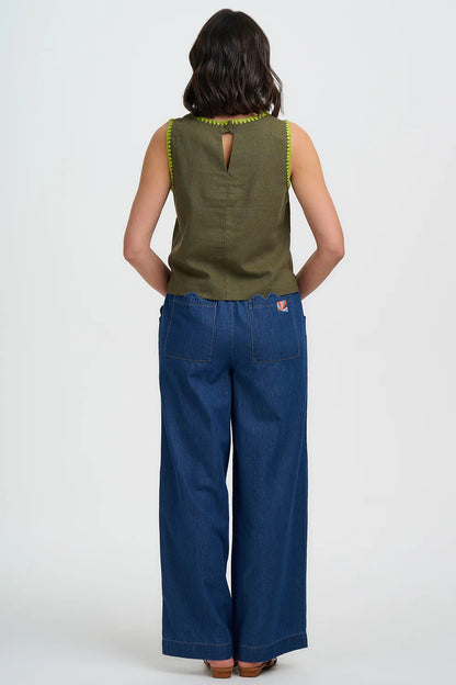 Senna Top - Olive, Decorative Stitch