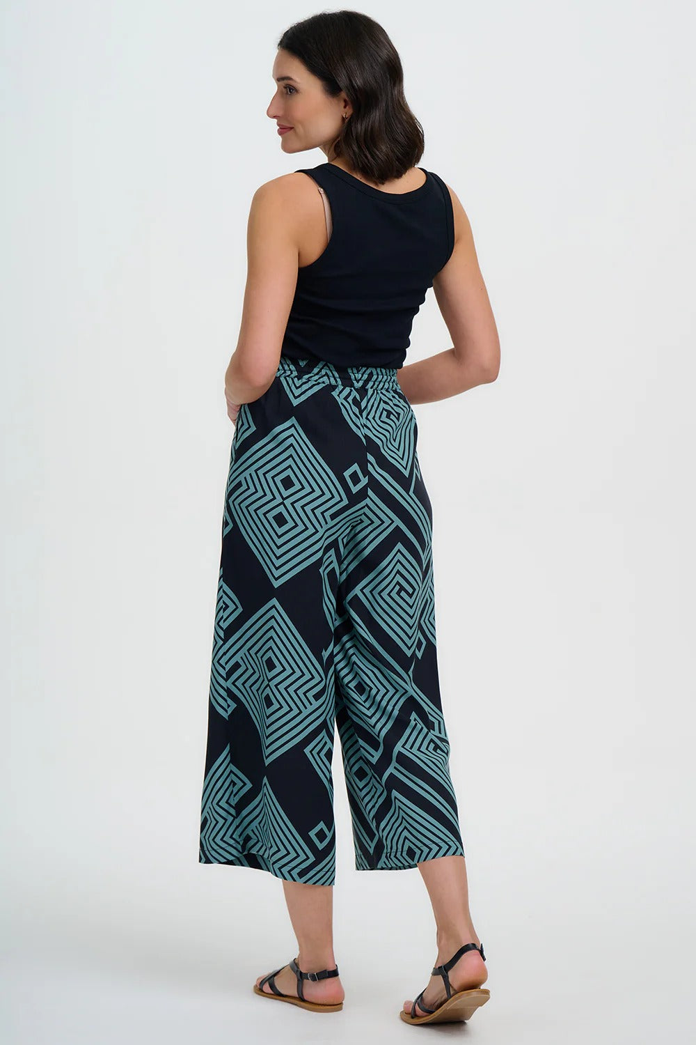 Ameera Cropped Wide Leg Trousers - Black/Green, Geometric Lines