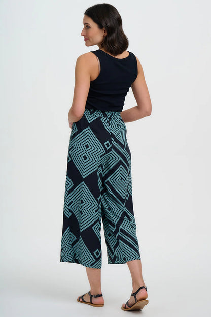 Ameera Cropped Wide Leg Trousers - Black/Green, Geometric Lines
