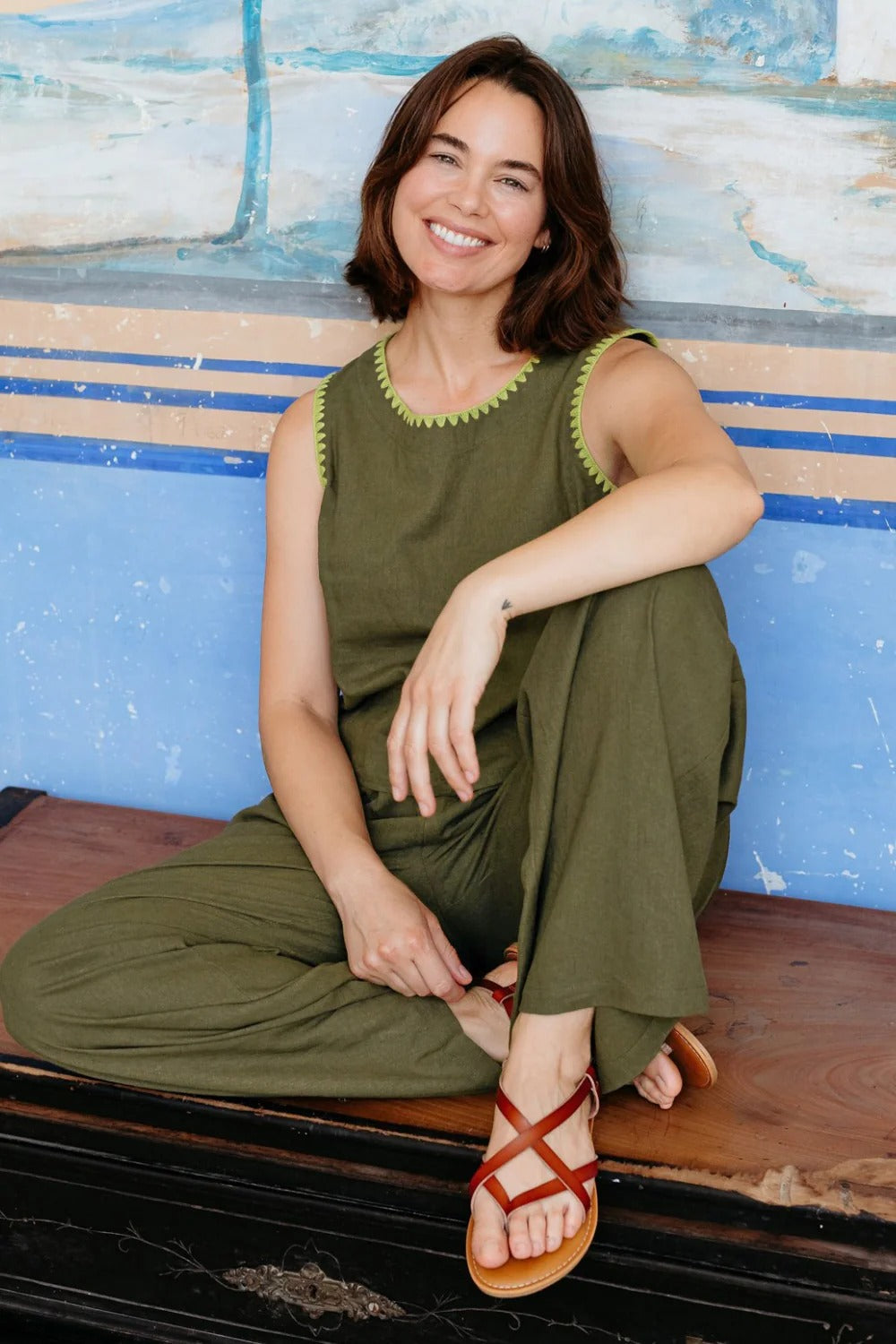 Senna Top - Olive, Decorative Stitch