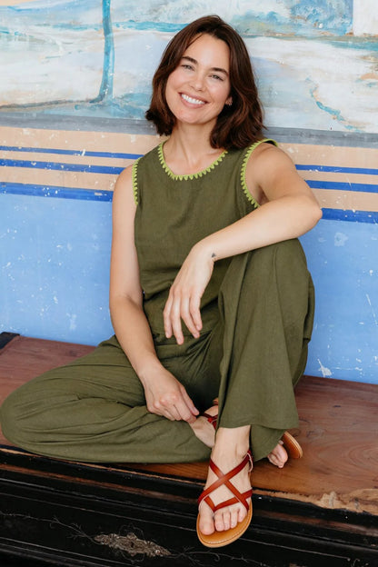 Senna Top - Olive, Decorative Stitch