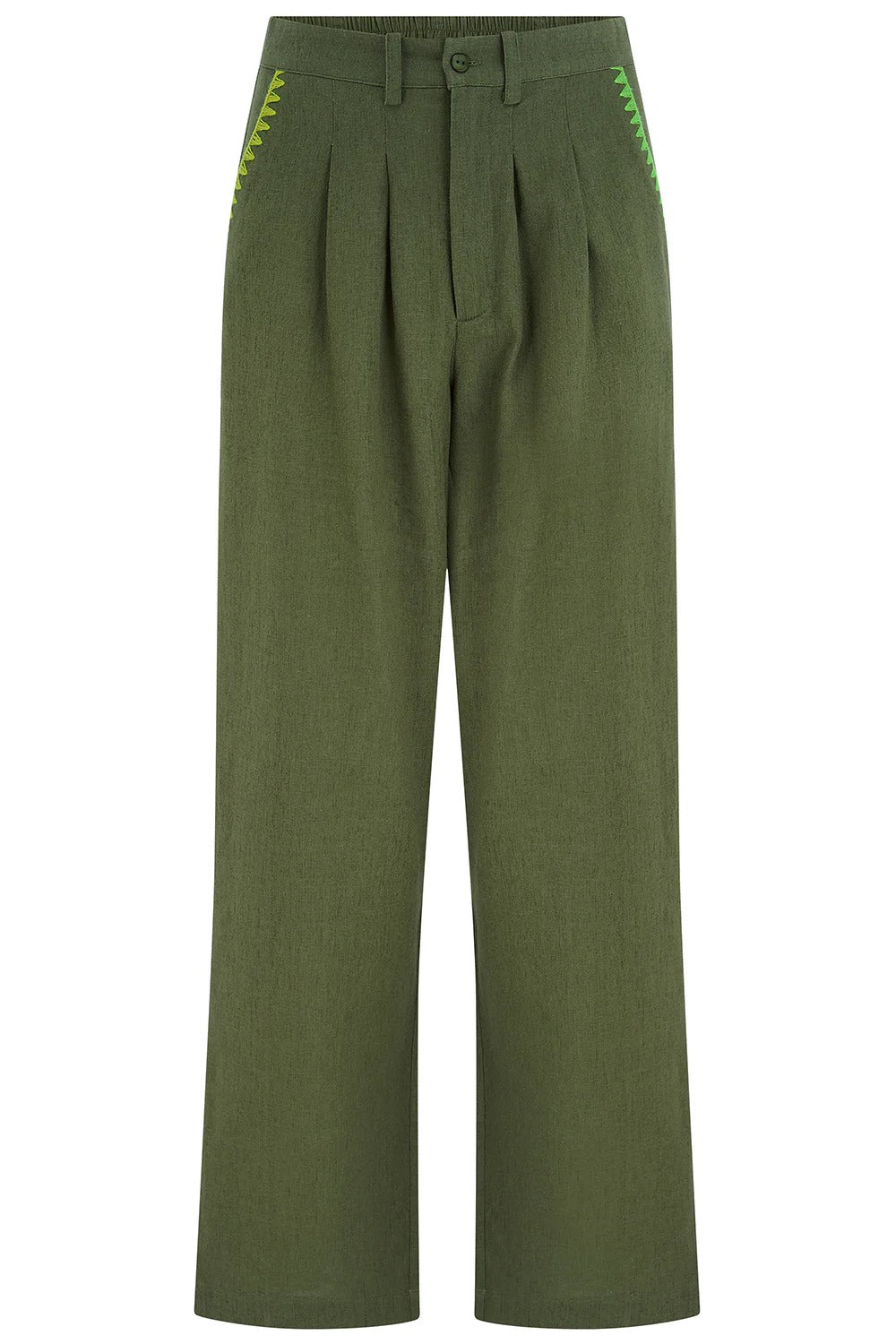 Lois Wide Leg Trousers - Olive, Decorative Stitch