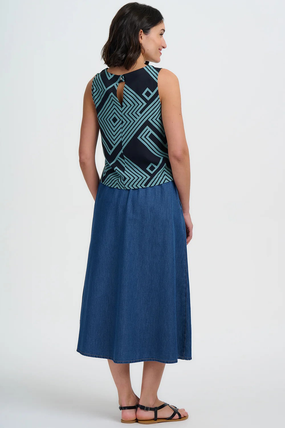 Marissa Top - Black/Green, Geometric Lines