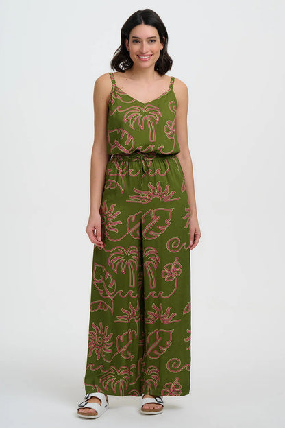 Shanti Vest Top - Khaki, Tropical Line Drawing